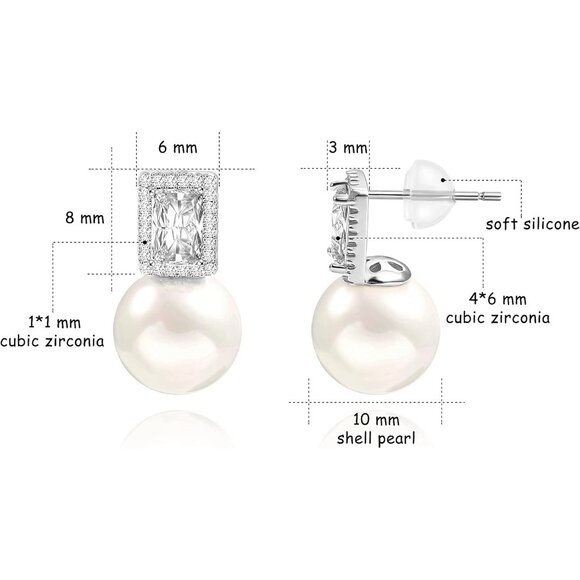 Silver CZ Hoop Handpicked A+ Quality 7.5-8mm White Pearl Dangle Drop Earrings - Picture 4 of 7